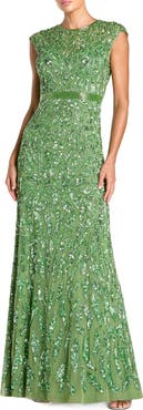 Mac Duggal Embellished Illusion Cap Sleeve Column Gown