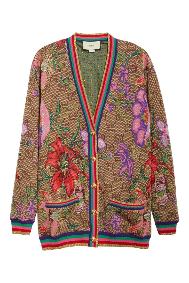 Metallic Floral Double G Wool Blend Cardigan, Alternate, color, BROWN/ BEIGE/ MC