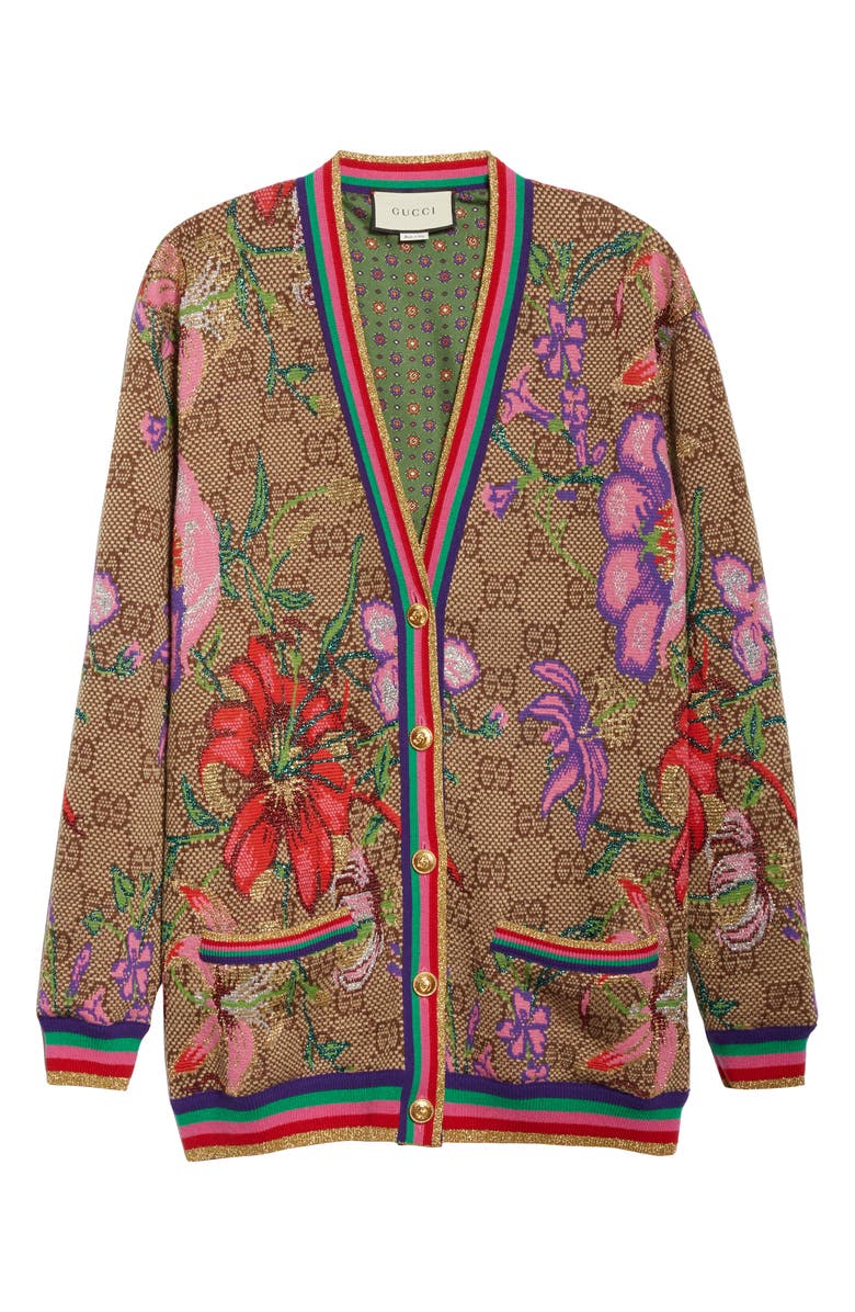 Gucci Metallic Floral Double G Wool Blend Cardigan, Alternate, color, 