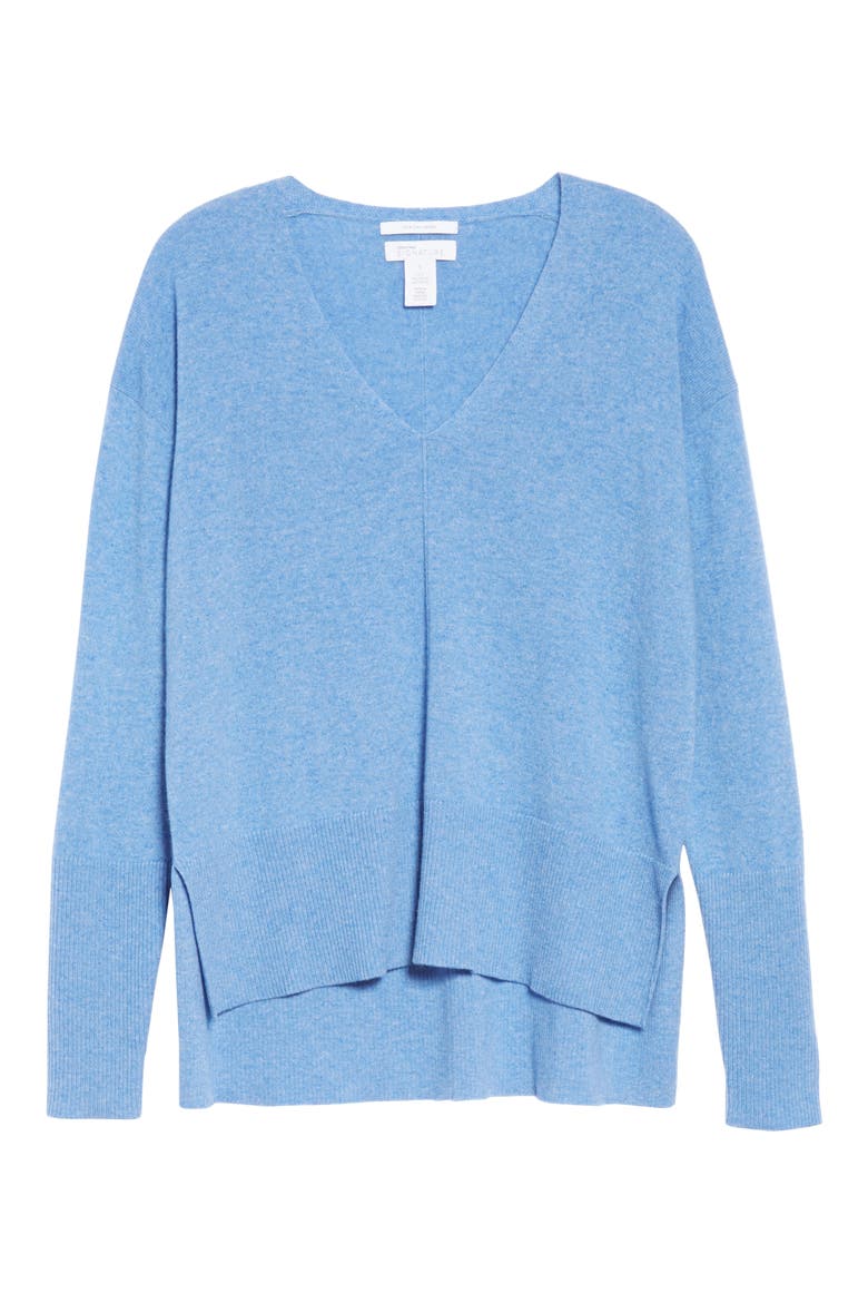 V-Neck High/Low Cashmere Sweater, Alternate, color, BLUE PROVENCE HEATHER