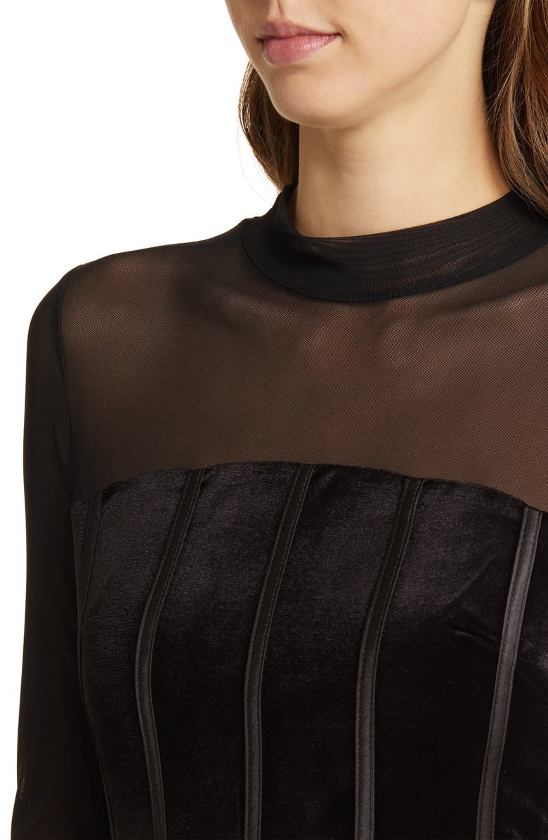 bebe Long Sleeve Mesh & Velvet Cocktail Minidress, Alternate, color, 