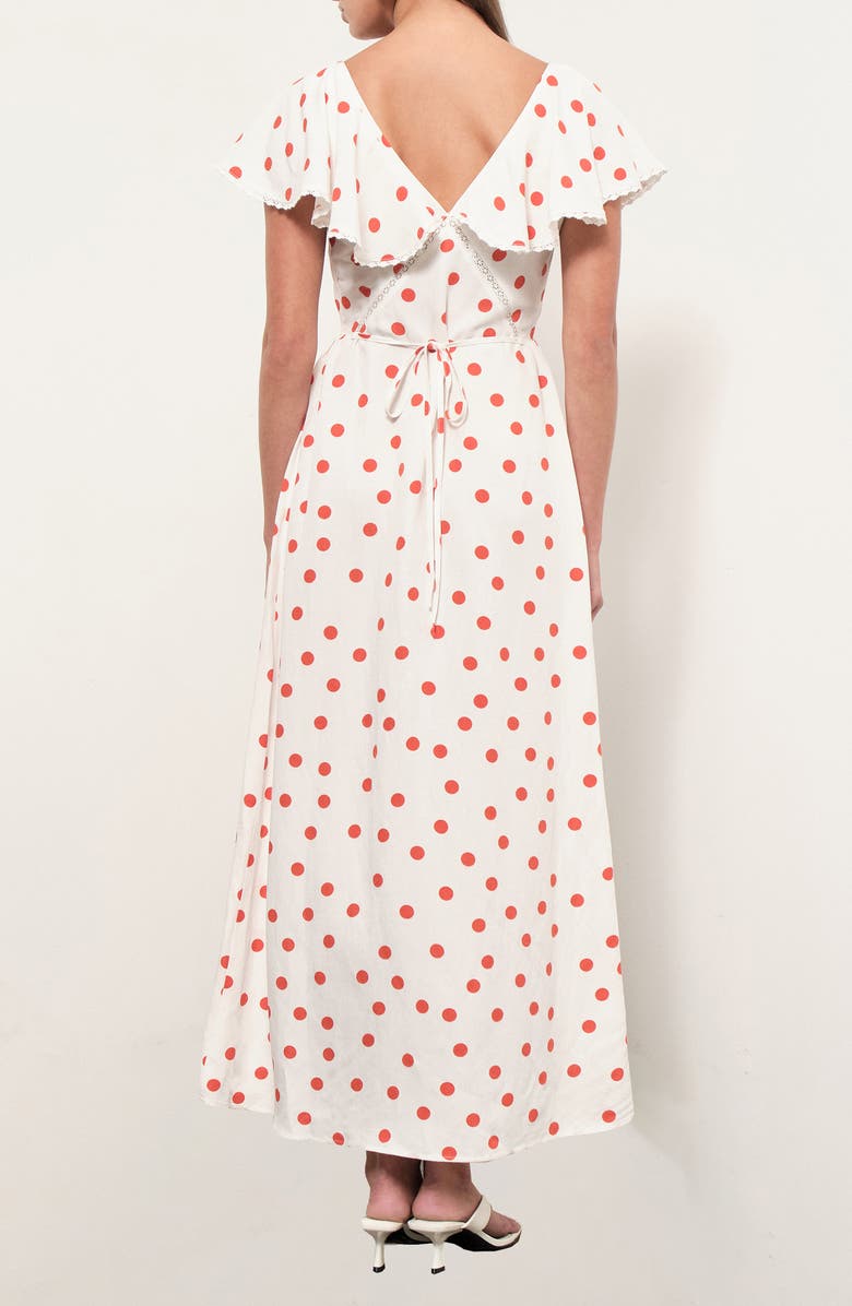 MAUDE CLUB Valerie Polka Dot Flutter Sleeve Midi Dress, Alternate, color, White Orange Dots
