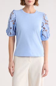 Ellen Tracy Mixed Media 3D Floral Sleeve Top