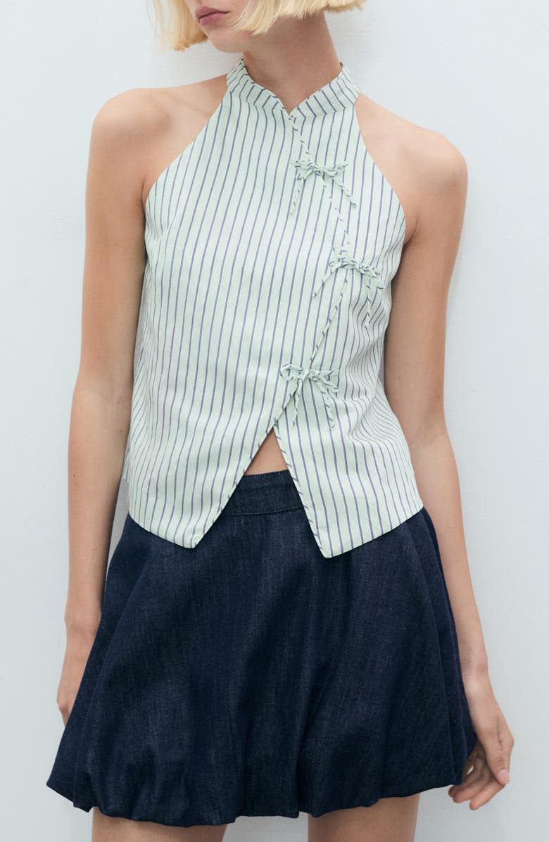 MANGO Stripe Tie Front Top, Main, color, Pastel Green