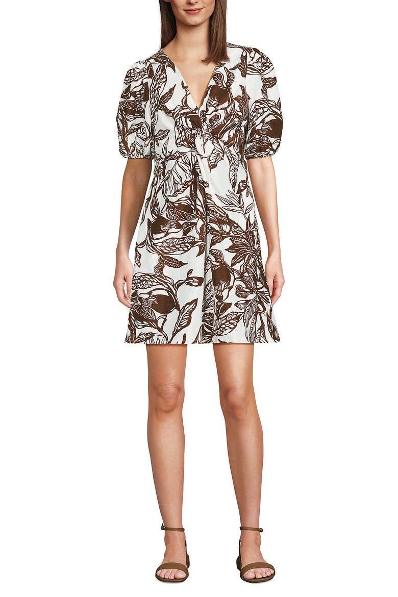 Linen Above the Knee Puff Sleeve Dress, Alternate, color, Vanilla/Bark Etched Leaves