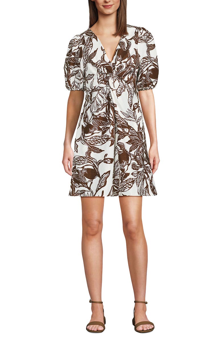 Lands' End Linen Above the Knee Puff Sleeve Dress, Alternate, color, Vanilla/Bark Etched Leaves