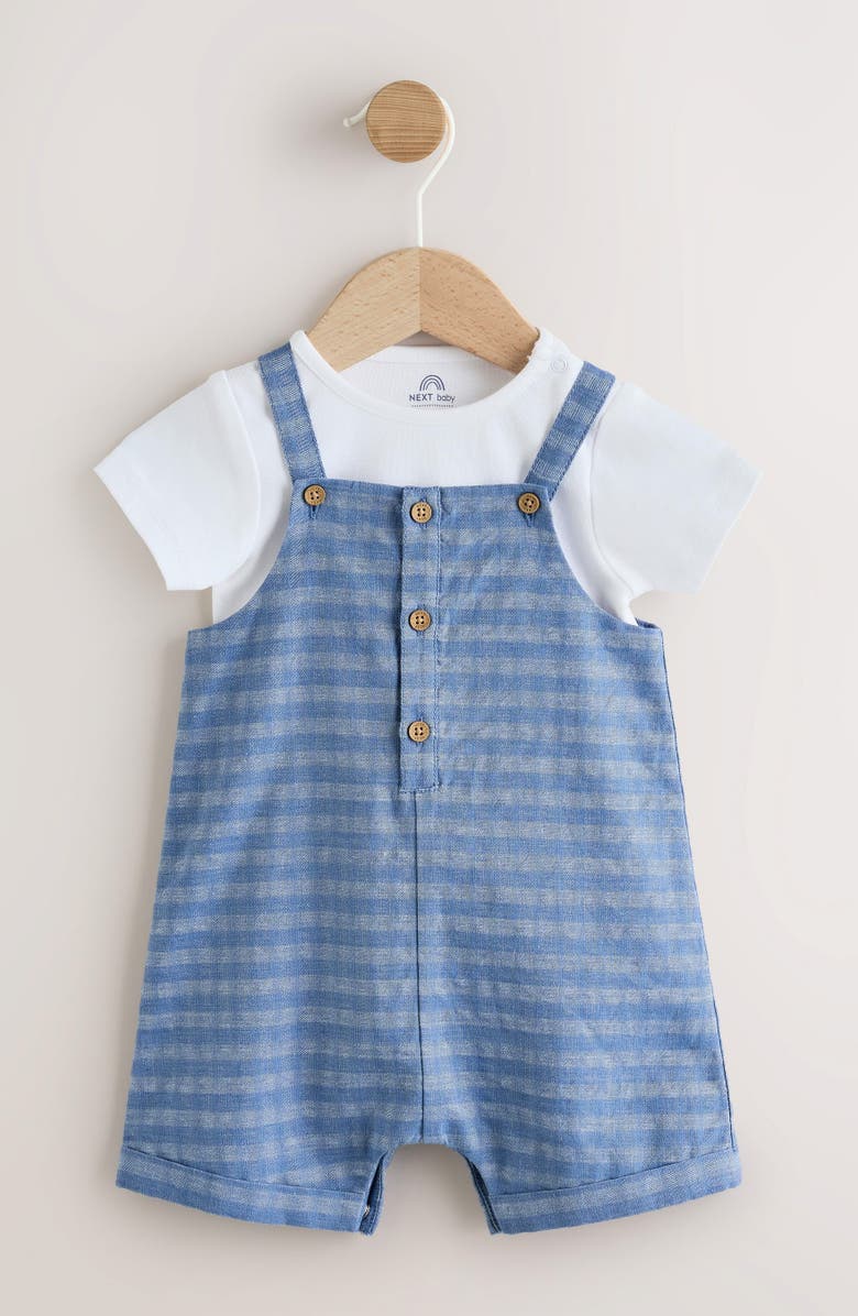 NEXT Gingham Denim Romper & Bodysuit Set, Alternate, color, Blue