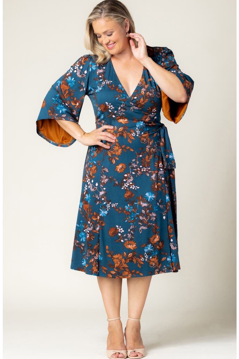 Gemini Floral Bell Sleeve Wrap Dress, Alternate, color, TEAL BLUE ASTERS