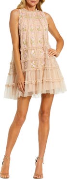 Mac Duggal Sleeveless High Neck Beaded Ruffle Trapeze Dress