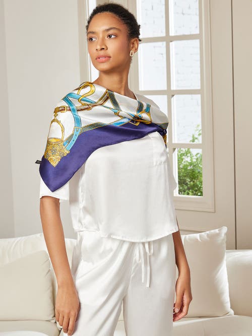 Silksilky 100% Mulberry Silk Printed Square Shawl Scarf In Blue