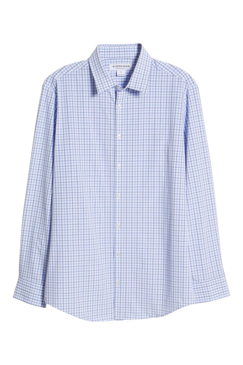 Leeward Trim Fit Tattersall Button-Up Performance Shirt, Alternate, color, NAVY BLUE TATTERSAL