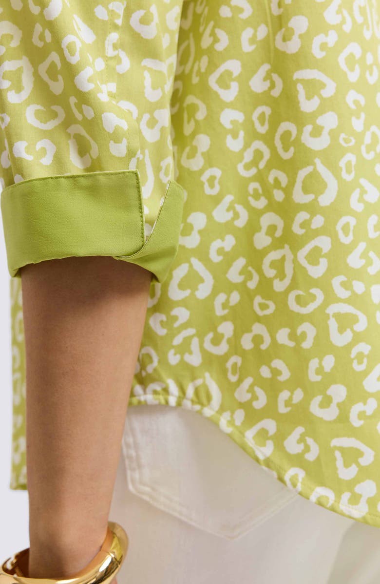 Foxcroft Margie Leopard Print Three-Quarter Sleeve Cotton Button-Up Shirt, Alternate, color, Chartreuse Multi