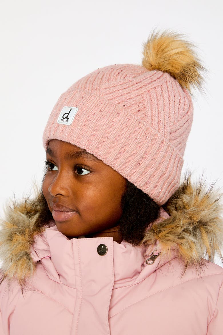 Chevron Fleece Lined Faux Fur Pompom Winter Knit Hat, Alternate, color, Pale Dusty Pink