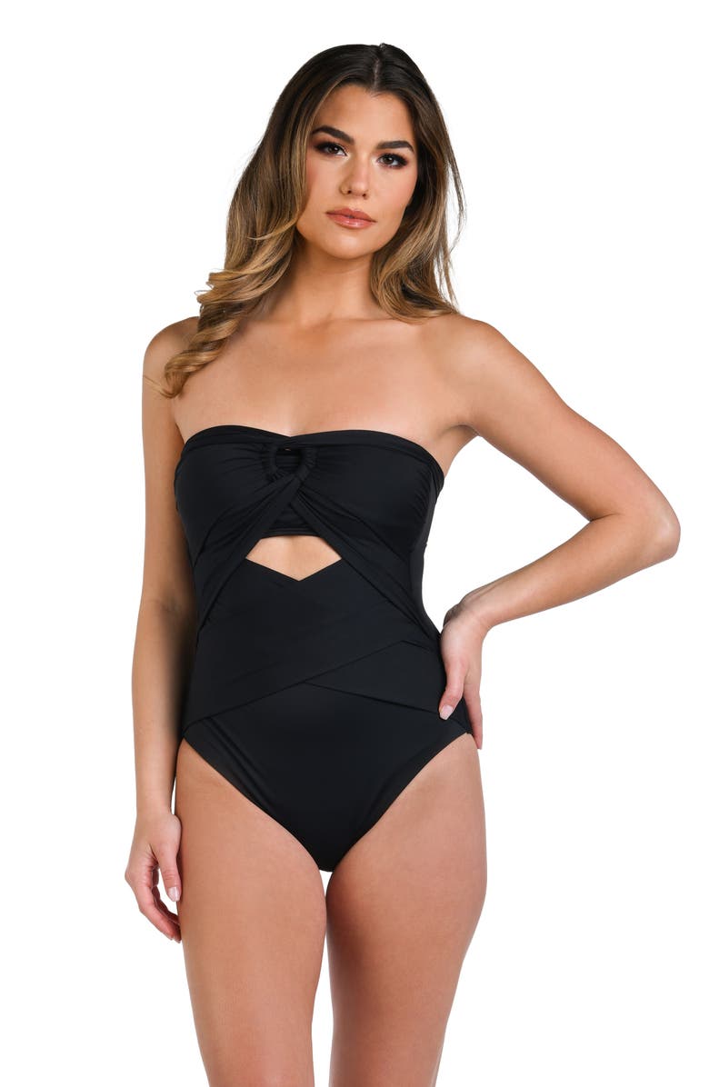La Blanca Island Goddess Draped Bandeau One-Piece Swimsuit, Alternate, color, Black