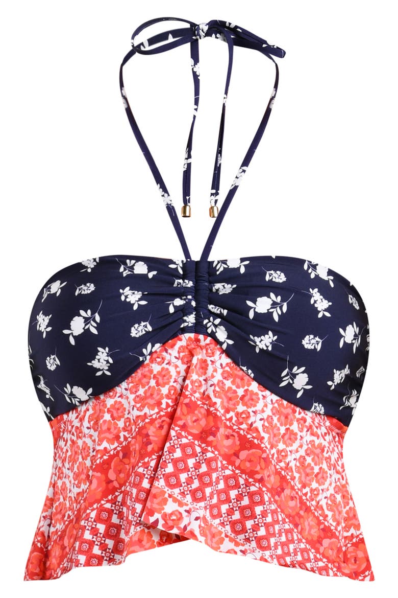 Flowers & Stripes Halter Bandeau Tankini Top, Alternate, color, RED MULTI