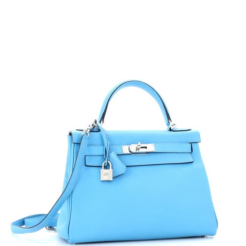Pre-owned Hermes  Hermes Kelly Handbag Blue Clemence With Palladium Hardware 28