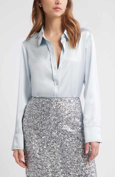Open Edit Long Sleeve Satin Button-Up Shirt