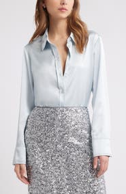 Open Edit Long Sleeve Satin Button-Up Shirt