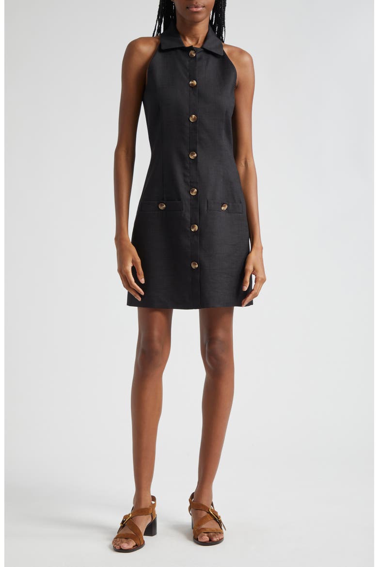 Roxanne Linen Blend Button-Up Minidress, Main, color, BLACK