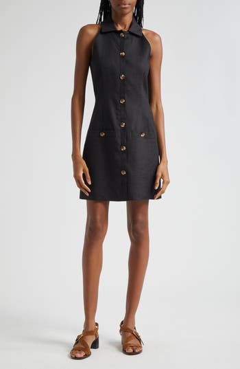 Veronica Beard Roxanne Linen Blend Button-up Minidress In Black