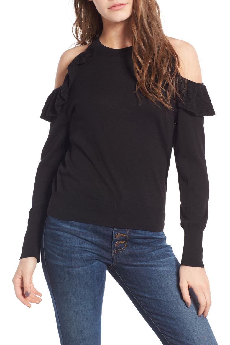 Ruffle Cold Shoulder Pullover, Main, color, BLACK
