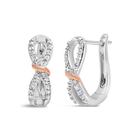 10K White and Rose Gold 1/3 Ct Diamond Infinite and Ribbon Hoop Earrings