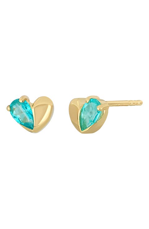 14K Gold Paraiba Topaz Heart Stud Earrings