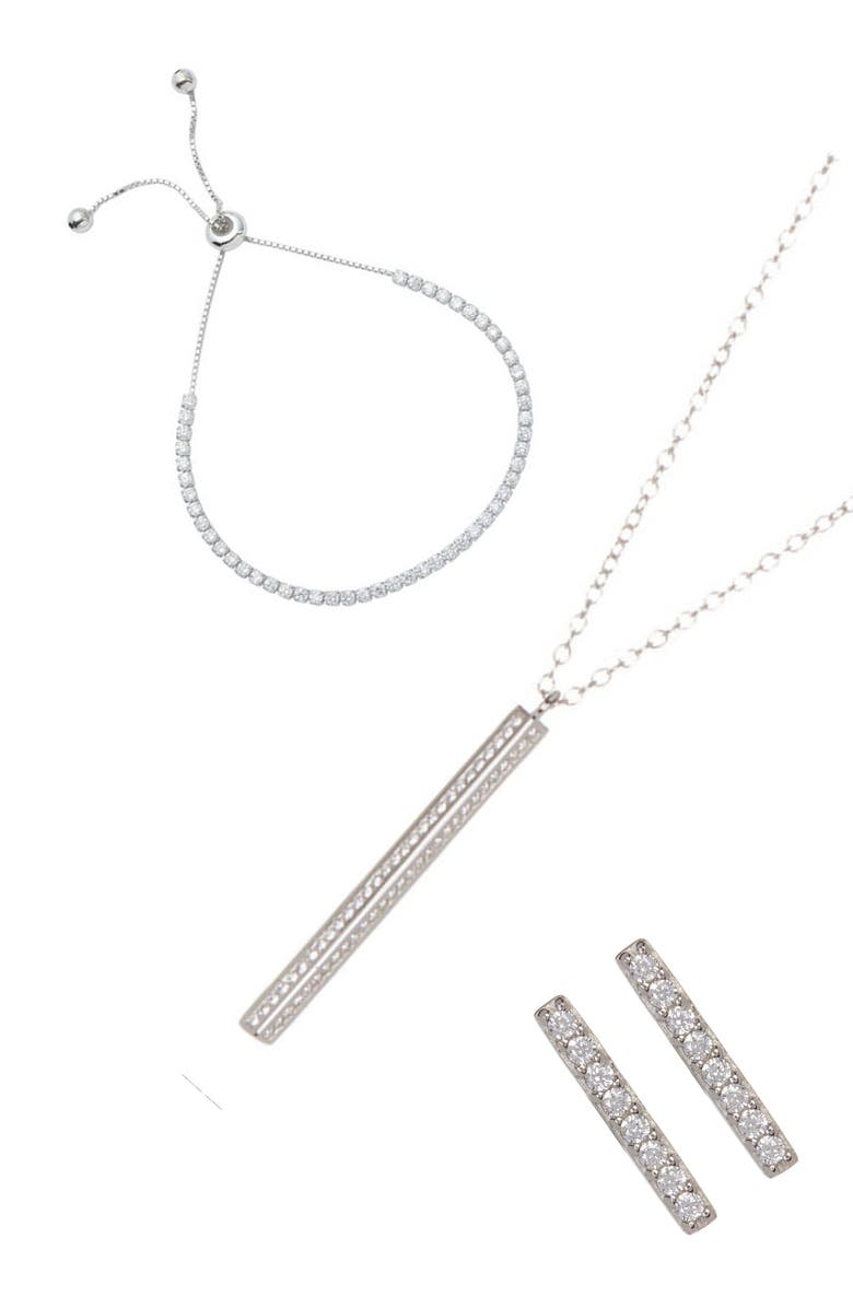 Adornia Cubic Zirconia Bar Pendant Necklace, Bracelet & Stud Earrings Set, Main, color, Silver