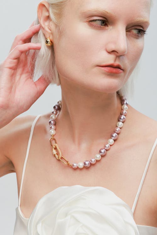 Classicharms Shell Pearl Necklace With Gem-encrusted Carabiner Lock In Purple