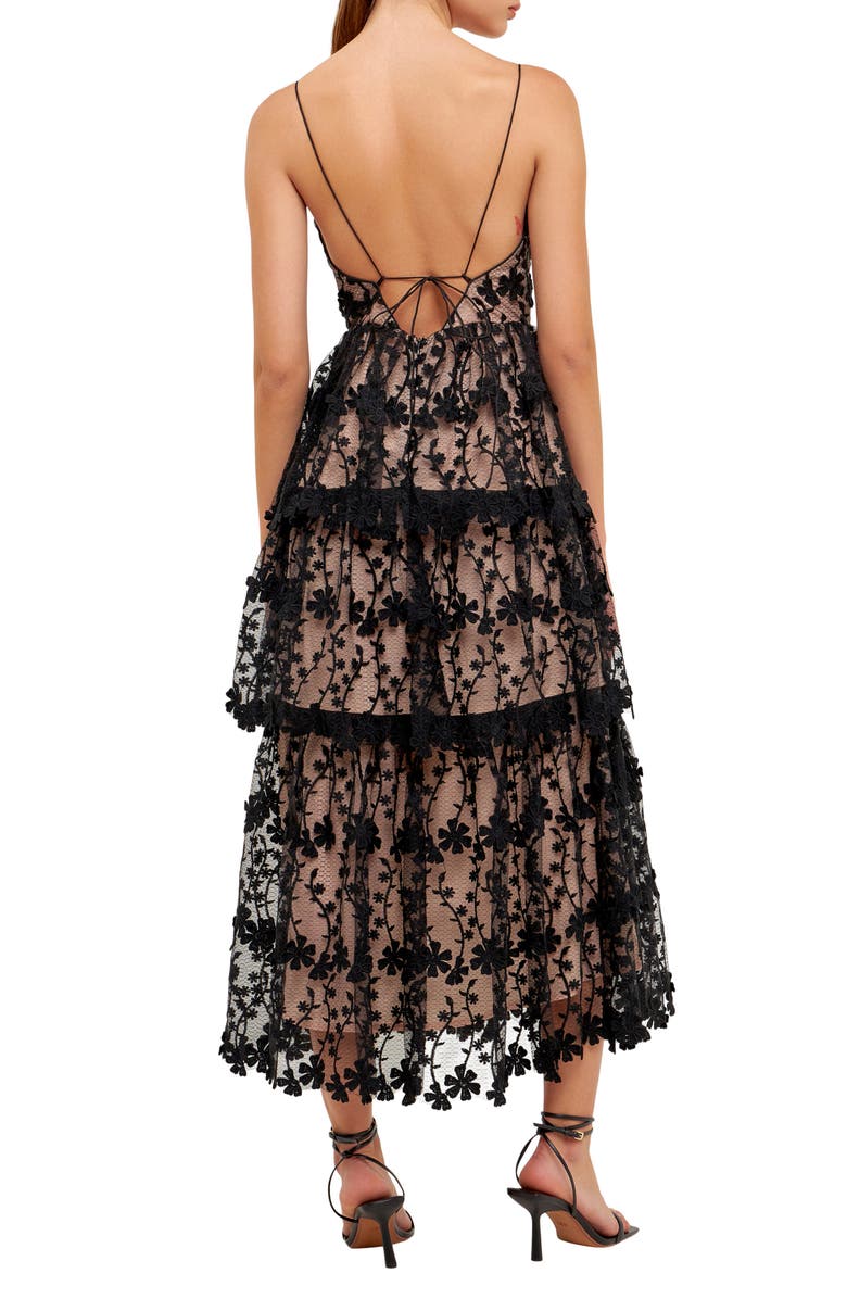 Endless Rose Floral Embroidered Tiered Dress, Alternate, color, Black