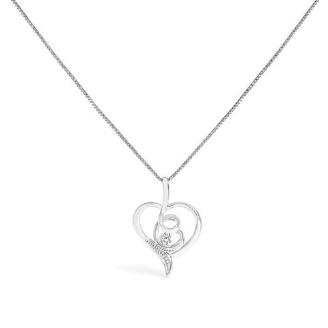 10K White Gold .03 Cttw Diamond-Accented Diamond Swirl Open Heart Pendant Necklace