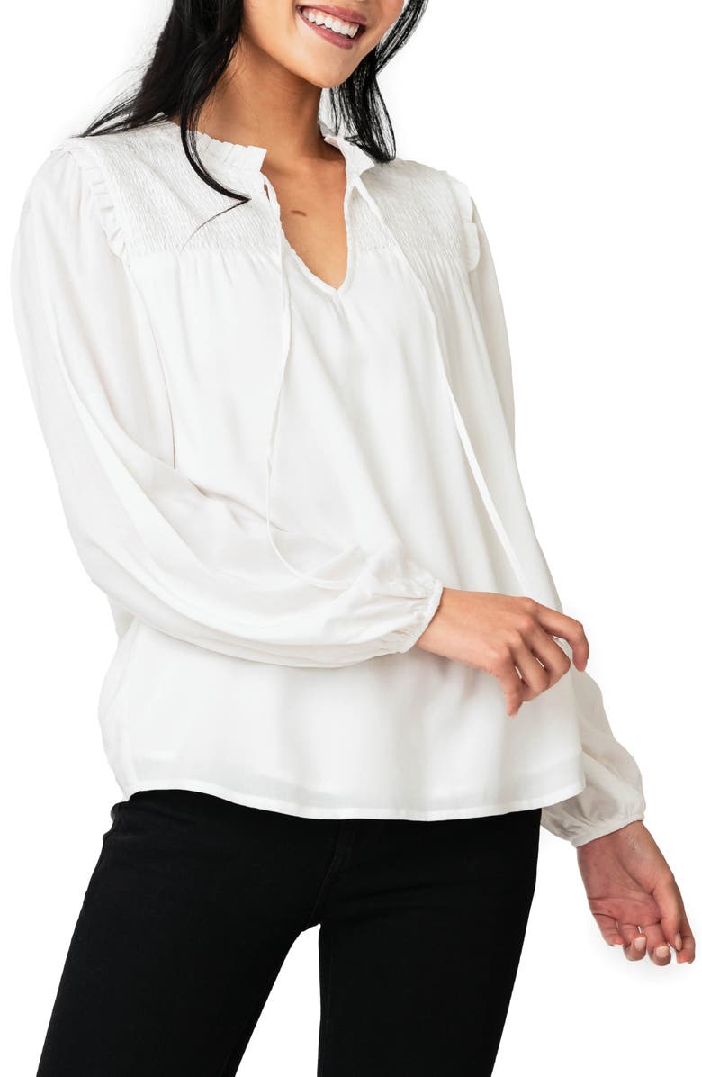 GIBSONLOOK Tie Neck Long Sleeve Smoked Yoke Blouse, Main, color, Ivory