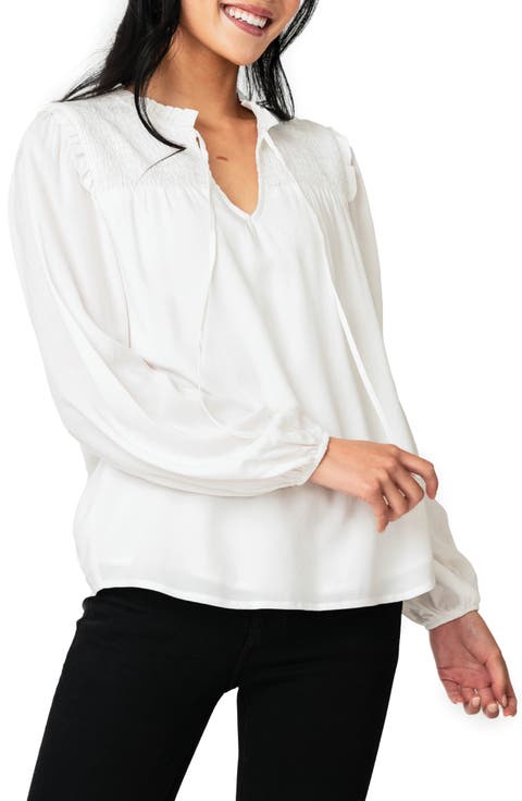 Tie Neck Long Sleeve Smoked Yoke Blouse