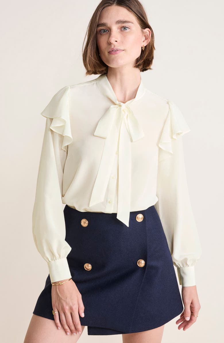 vineyard vines Tie Neck Silk Crêpe de Chine Button-Up Shirt, Alternate, color, Marshmallow