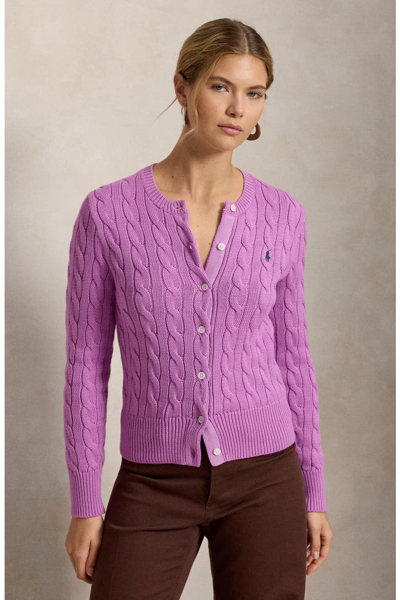Cable Stitch Cotton Crewneck Cardigan, Alternate, color, THISTLE PINK