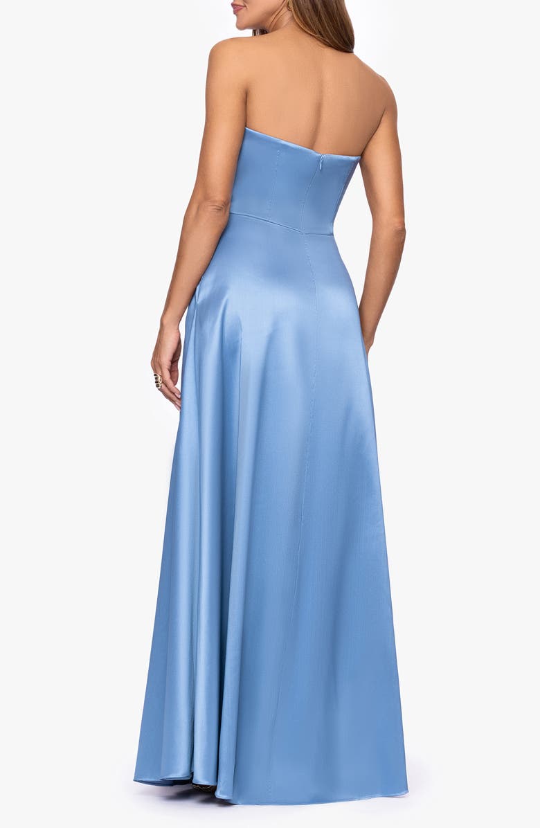 Xscape Evenings Asymmetric Strapless Stretch Satin Gown, Alternate, color, Slate