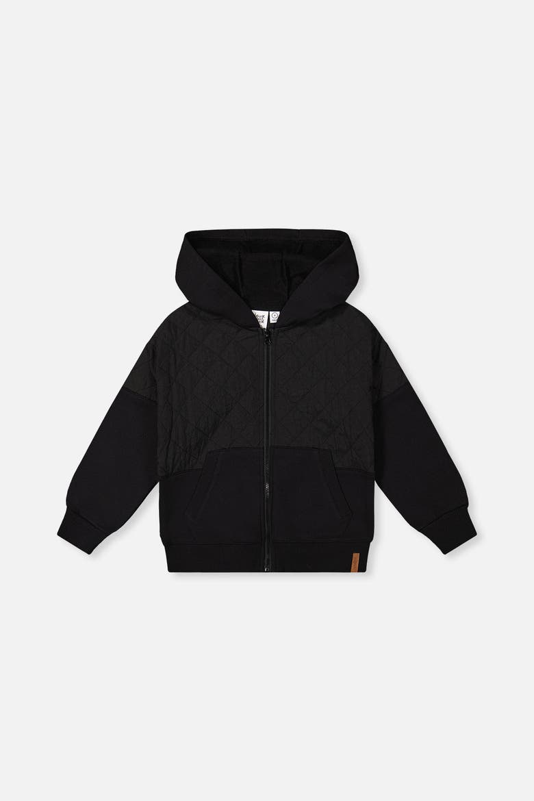 Full Zip Hooded Quilted Chest Panel Cardigan, Main, color, Black