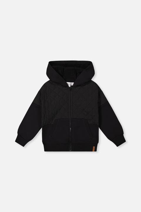 Full Zip Hooded Quilted Chest Panel Cardigan