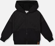 Deux par Deux Full Zip Hooded Quilted Chest Panel Cardigan