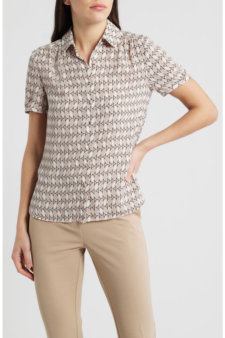 Shirred Short Sleeve Button-Up Shirt, Main, color, WHITE DOVE MULTI