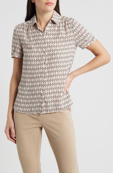 Shirred Short Sleeve Button-Up Shirt