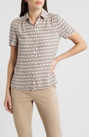 Anne Klein Shirred Short Sleeve Button-Up Shirt