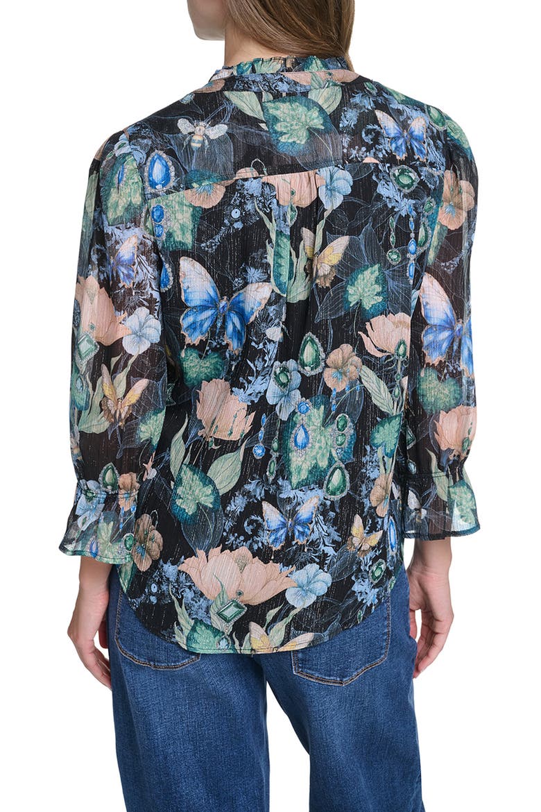 Ruffle Collar Printed Shirt, Alternate, color, BLACK/ MULTI