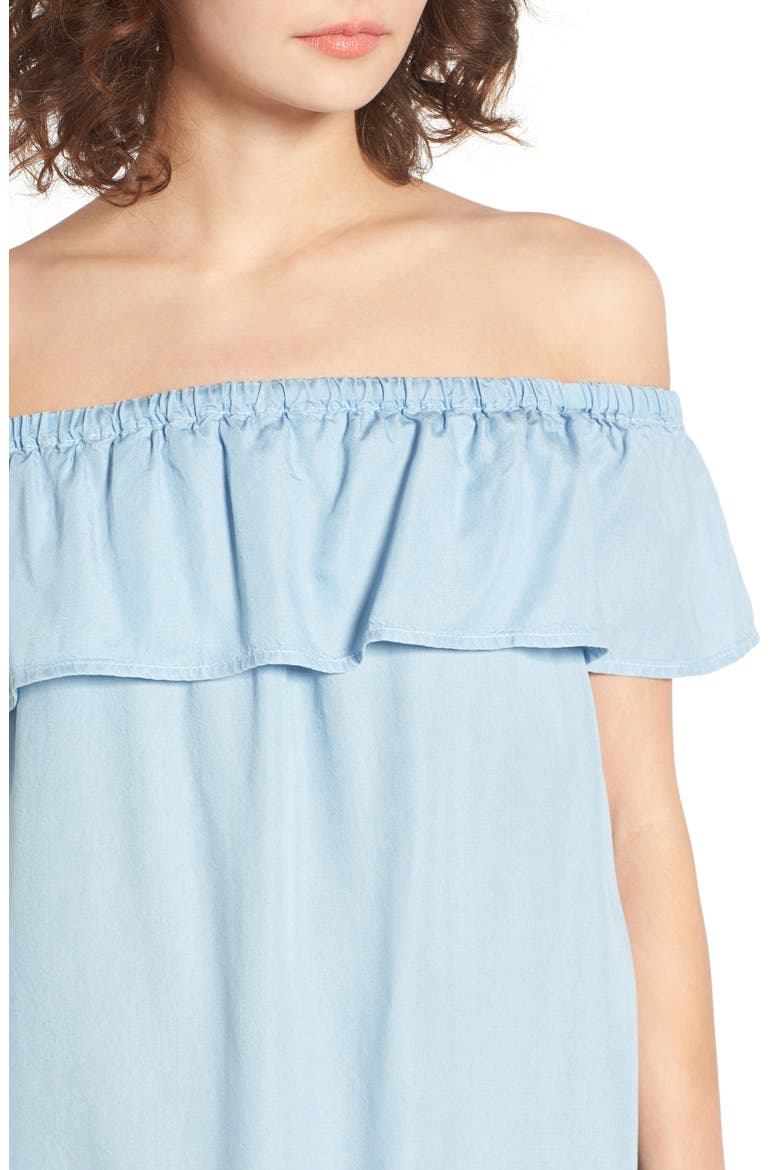 Embroidered Chambray Off the Shoulder Dress, Alternate, color, LIGHT WASH