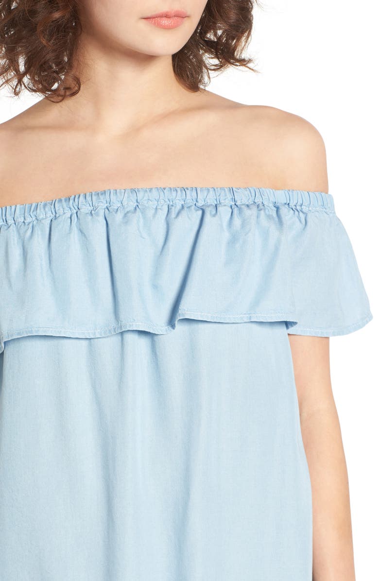 Love, Fire Embroidered Chambray Off the Shoulder Dress, Alternate, color, 