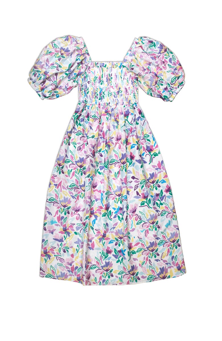 Jessie Zhao New York Violet Garden Smocked Cotton Silk Dress, Alternate, color, Purple