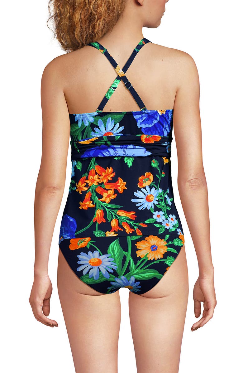 Lands' End Chlorine Resistant Plunge X-Back Tankini Swimsuit Top, Alternate, color, Navy Mosaic Mini Tile