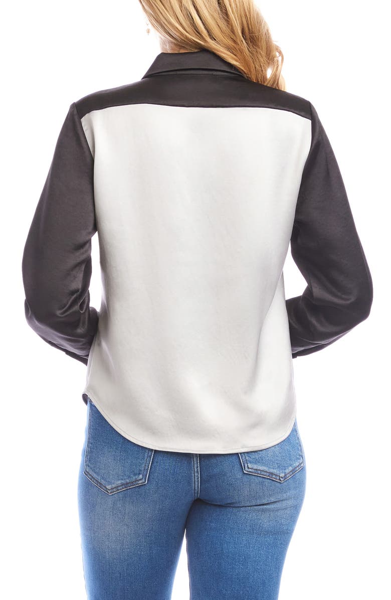 Karen Kane Colorblock Satin Button-Up Shirt, Alternate, color, Silver/ Black