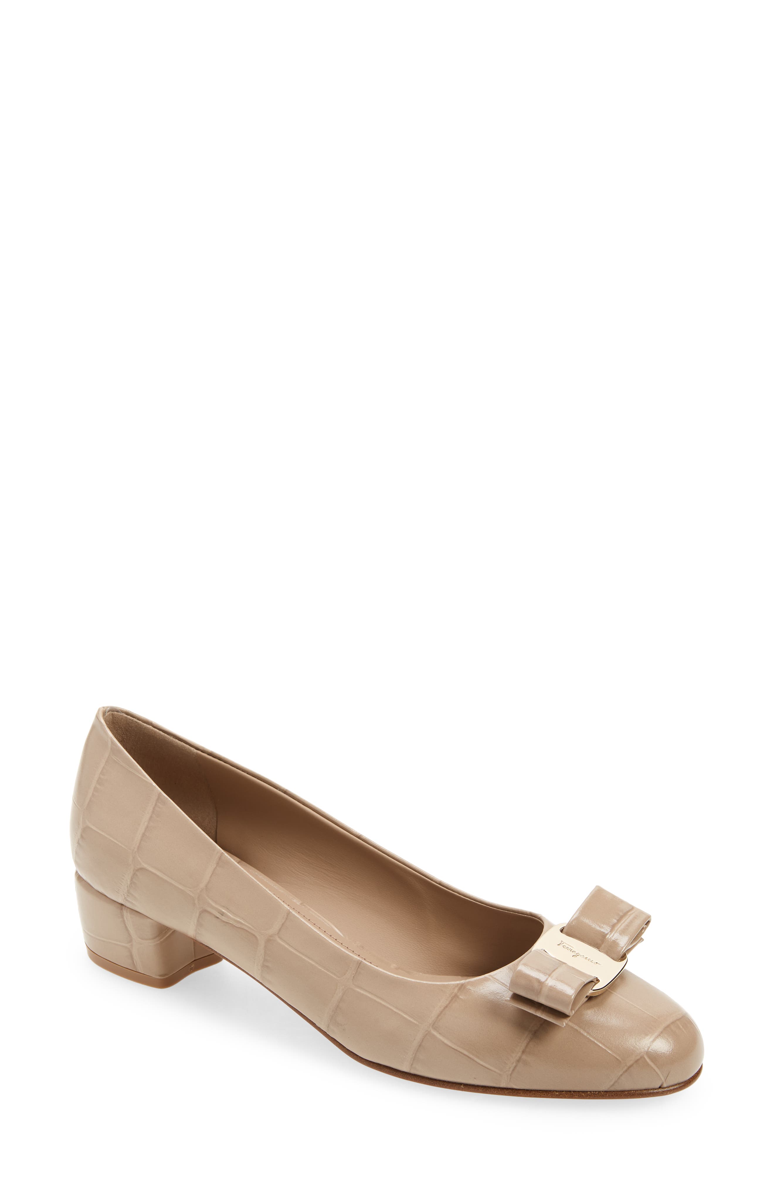 FERRAGAMO Vara Bow Croc Embossed Pump, Main, color, 
