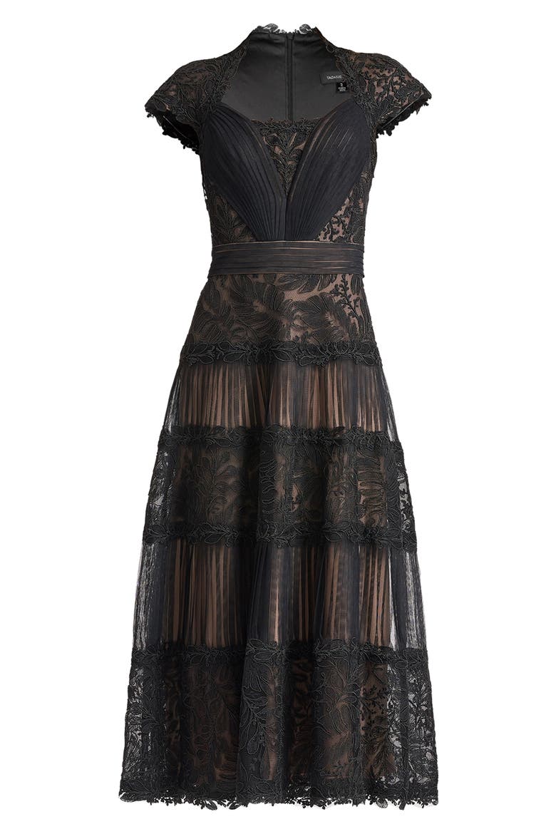 Pintuck Pleat Embroidery Detail Cocktail Midi Dress, Alternate, color, BLACK/ BEIGE